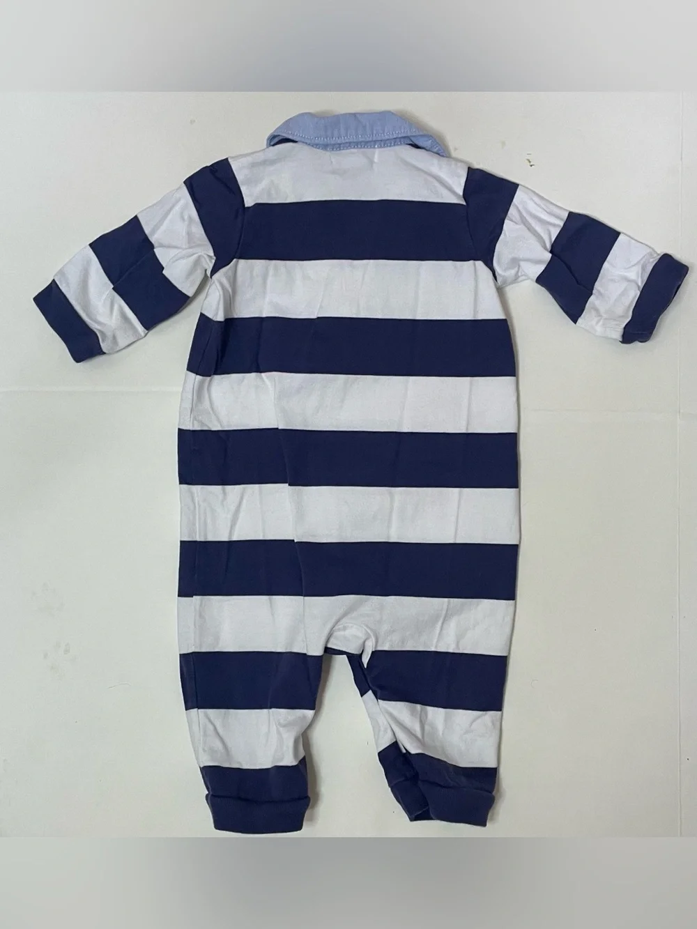 Ralph Lauren Navy & White Striped Cotton Rugby Polo Coverall Footie